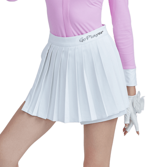 GoPlayer女高爾夫假兩件式百褶褲裙(白)