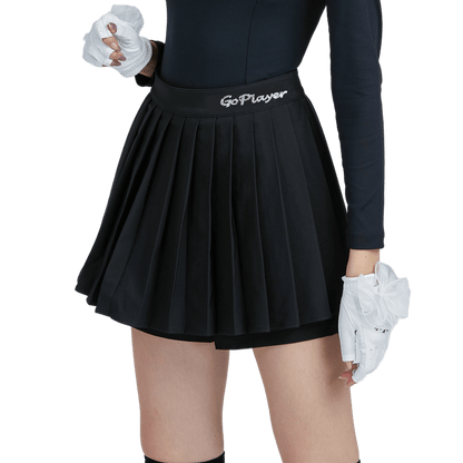 GoPlayer女高爾夫假兩件式百褶褲裙(黑)